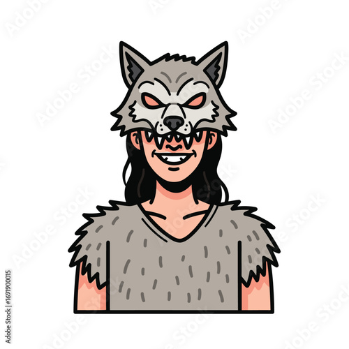 A cartoon illustration of a person smiling while wearing a detailed wolf mask and a furry costume.