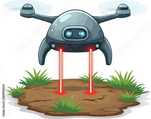 A flying quadcopter robot with bright laser beams performs a ground scan, an illustration of advanced remote sensing technology and aerial surveillance