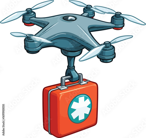 Cartoon illustration of a quadcopter drone delivering an emergency first aid kit for urgent medical response and life-saving assistance