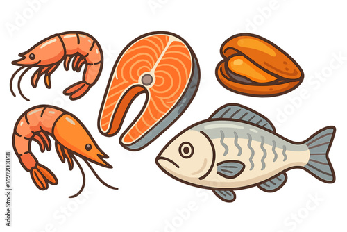 Seafood set vector cartoon illustration. Fresh raw fish collection with salmon steak, shrimp, prawn, mussel and white fish. Healthy food for menu design or market.