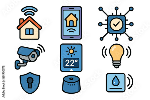 Smart home technology icons set for automated living, home security, energy control, IoT devices, smart light bulb, thermostat, camera, and digital assistant vector illustration