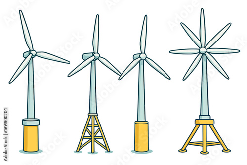 Set of offshore wind turbines with different foundation designs. Vector cartoon illustration showcasing renewable energy innovation and various configurations for clean power generation.