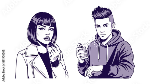 Stylish young woman with short dark hair applying lipstick next to a cool young man with a mohawk hairstyle holding a vape pen