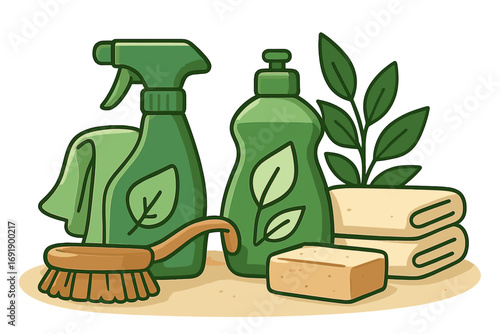 Eco-friendly green cleaning products set. Natural household supplies for sustainable living. Vector cartoon illustration of plant-based detergent, spray, brush and soap.