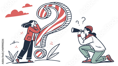 People with giant question mark illustration representing doubt curiosity and problem solving concept
