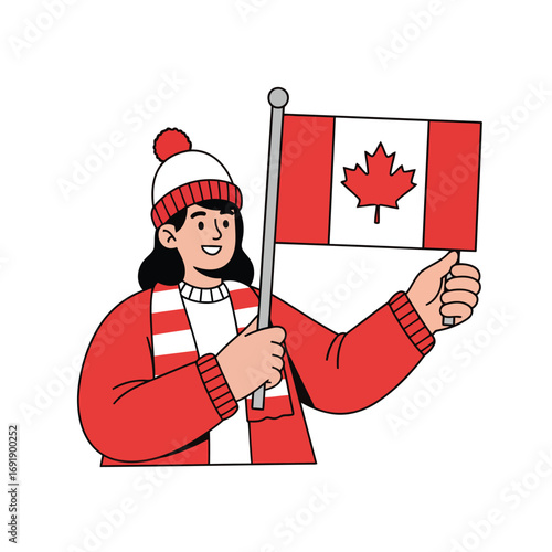 Smiling woman in winter attire holding a Canadian flag.