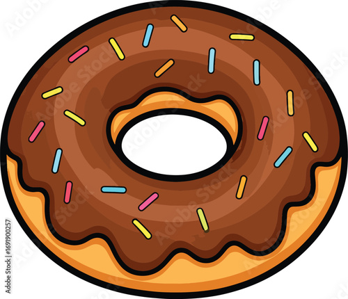 Vector illustration of a delicious chocolate frosted donut with colorful candy sprinkles, a sweet pastry dessert snack isolated on a white background for food design