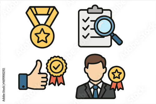 Quality assurance icon set. Vector icons for evaluation process, professional standards, certification, and audit. Includes medal award, checklist, approval badge, and expert.