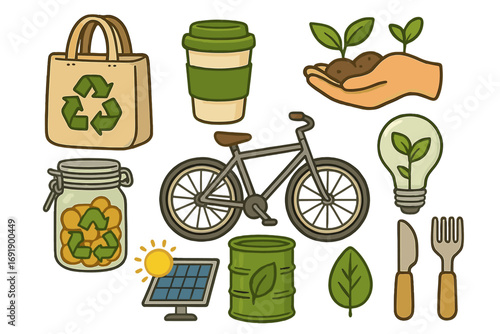 Eco-friendly items for sustainable living. Zero waste concept. Vector icon collection with reusable bag, cup, bicycle, solar panel, green energy lightbulb, and recycling symbols.