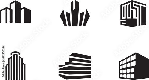 Architectural Icons Set Urban Skyline Cityscape Buildings Modern Structures Silhouette Isolated on Transparent Background