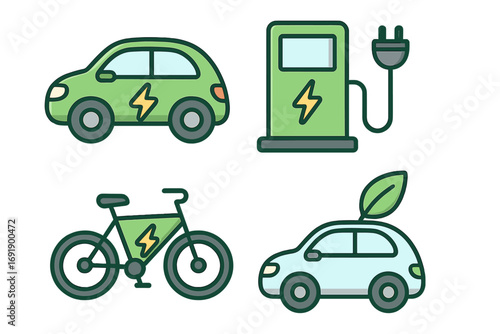 Sustainable transportation icon set showing electric vehicles, EV charging station, and e-bike. Eco-friendly mobility and green energy concept. Clean transport vector icons.