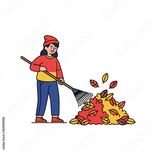 A person raking a large pile of colorful autumn leaves in a garden or yard.
