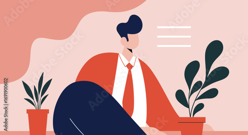 Professional man in a modern, calm setting with plants, symbolizing focus, well-being, and a thriving work environment. Great for business and lifestyle themes.