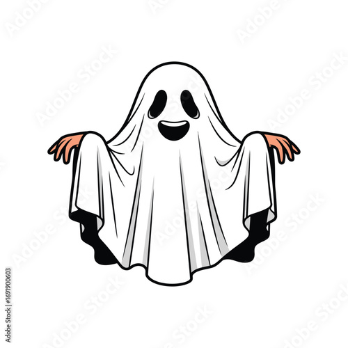 A happy cartoon ghost with outstretched arms.
