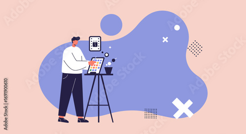 Creative designer using a digital tablet with a color palette on an easel, symbolizing innovation in graphic design and artistic work. Ideal for technology, business, and lifestyle content.