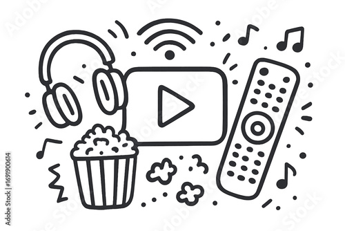 Streaming media doodle with headphones, remote control, popcorn, music notes, and WiFi symbol. Vector cartoon illustration. Entertainment technology icons set. Transparent background.