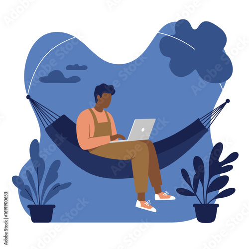 A man comfortably works on his laptop while relaxing in a hammock amidst a peaceful, modern outdoor setting. Ideal for remote work, digital nomad, and flexible lifestyle concepts.