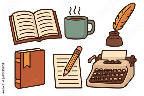 Writer icon set. Reading and writing tools collection. Vintage typewriter, book, quill pen, pencil, paper and coffee. Author, storytelling, literature and journalism concept vector.