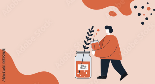 Illustration of a person enjoying a refreshing herbal drink, emphasizing natural wellness and a healthy lifestyle. Perfect for health, detox, and self-care concepts.