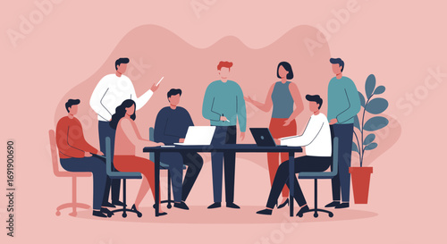 Diverse business team collaborating in a modern office meeting, discussing projects with laptops. Ideal for corporate, teamwork, and professional development concepts.