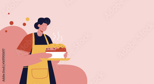 Person in apron serving a steaming hot dish. Ideal for food-related marketing, culinary blogs, restaurant promotions, or cooking content.