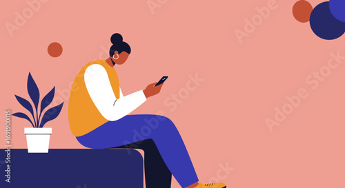 Stylish woman engaging with her smartphone in a modern, minimalist setting. Perfect for digital communication, online connectivity, social media, and remote work concepts.