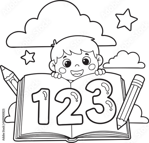 Adorable child peeking over open book with numbers 123 and pencils ready for school