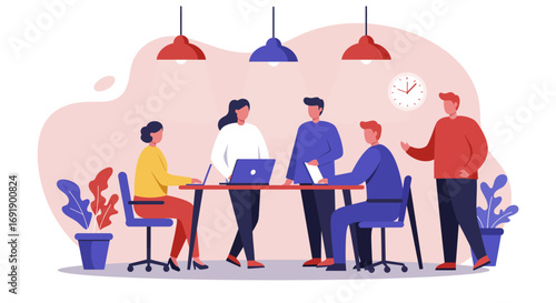 Professionals conducting a productive business meeting, discussing ideas and planning strategies in a modern collaborative workspace.