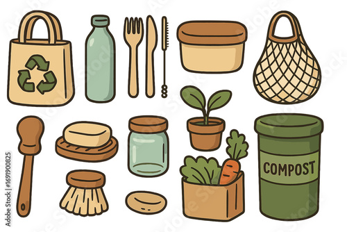 Eco friendly lifestyle objects set. Zero waste elements collection. Sustainable living, recycling, composting concept. Reusable containers, bags, cutlery. Vector illustration.