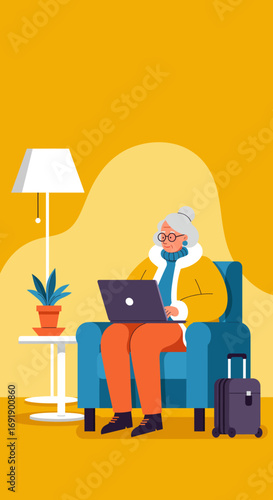Senior woman confidently using a laptop in a cozy home setting, representing remote work, digital literacy, travel planning, or online learning.