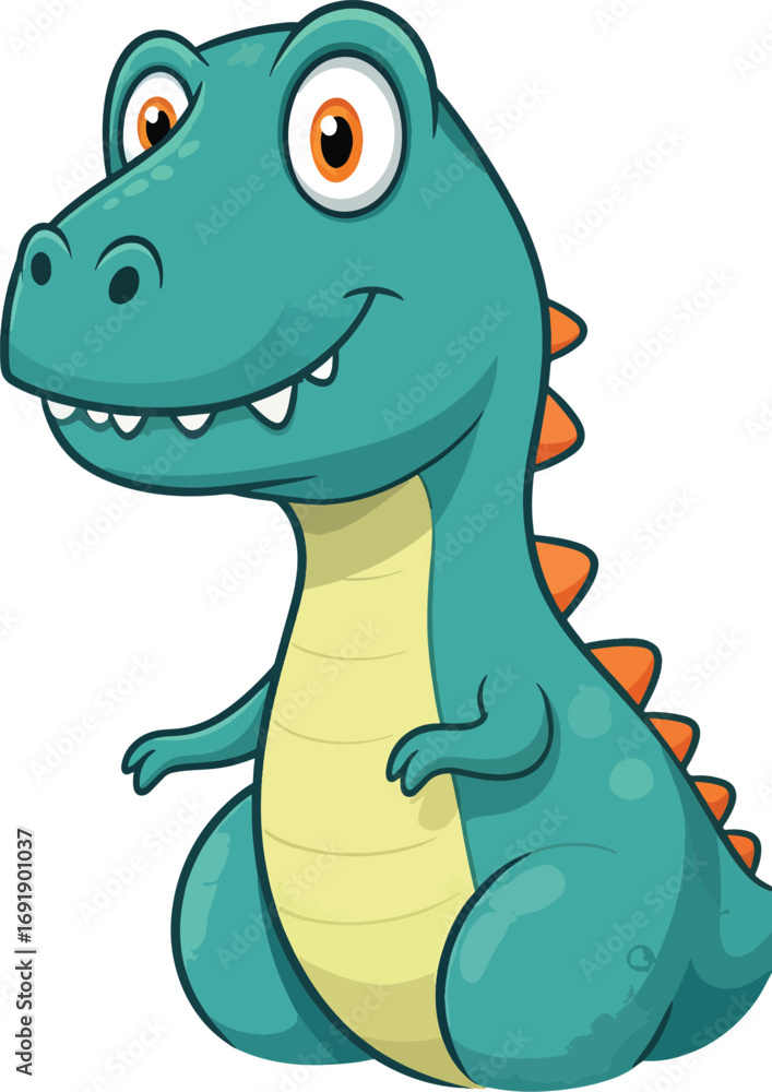 Fototapeta premium Adorable cartoon baby dinosaur with a charming smile, featuring a friendly teal body and bright orange spikes, perfectly illustrating a playful prehistoric reptile character