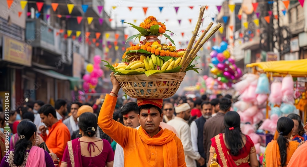 Fototapeta premium Indian man carrying Chhath Puja offering basket of fruits and sugarcane on head in crowded festive street, symbolizing devotion, tradition, and Hindu cultural festival celebration.
