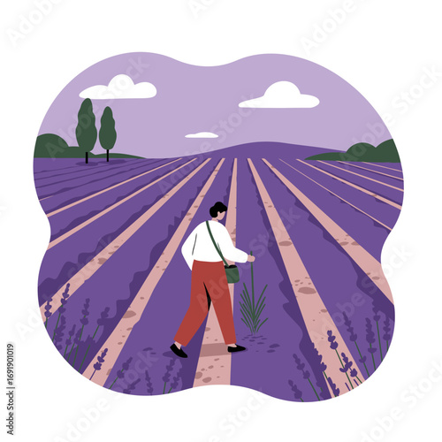 Person explores a vast lavender field under a cloudy sky, enjoying nature's beauty. Ideal for travel, lifestyle, or agricultural themes.