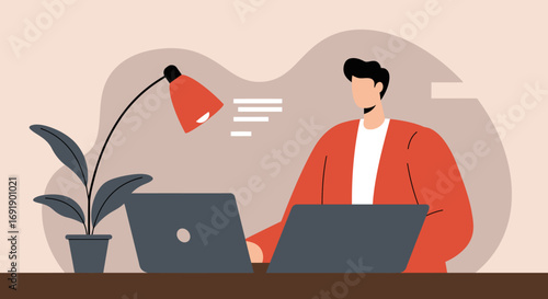 Focused man working efficiently with two laptops in a modern home office setting, representing productivity, remote work, and multitasking.