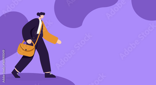 Stylish person walking with a shoulder bag against a vibrant purple background. Represents urban life, modern business, or daily commute. Perfect for lifestyle, travel, and professional concepts.