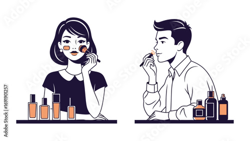 Stylized illustration of a woman and a man applying makeup and skincare products showcasing beauty routines and personal grooming