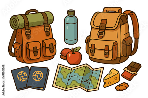 Travel essentials set for adventure and tourism. Vector cartoon illustration of hiking backpack, map, passport, and food for a journey. Isolated explorer kit icons.