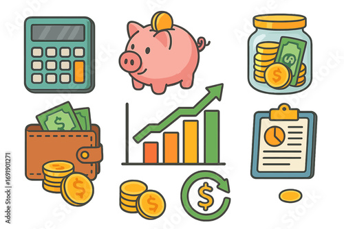 Financial tools and symbols icon set. Money management and savings concepts. Vector illustration with piggy bank, calculator, growth chart for investment, budget, banking, economy.