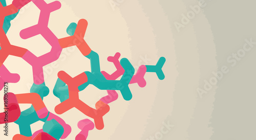 Abstract molecular structure visualization in pink, teal and orange color scheme