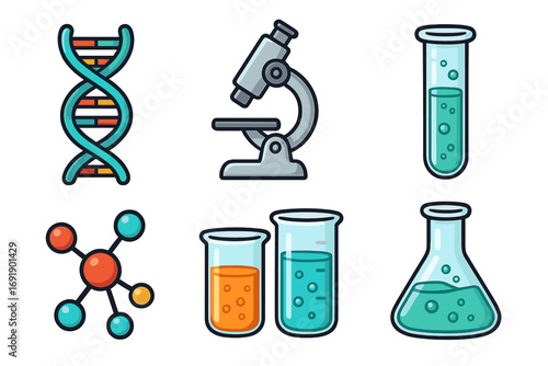 Science icon set vector cartoon with DNA helix, microscope, test tubes, flask, molecular structure, and beakers for laboratory and research illustration with transparent background