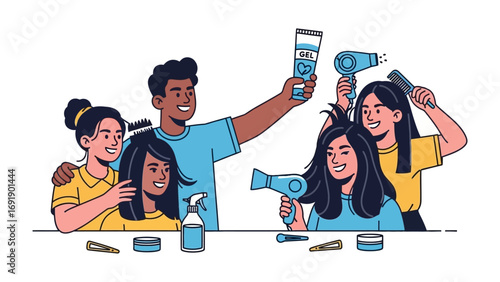 Diverse group of people at a hair salon receiving styling and treatments with hairdryers and hair products for a fresh new look