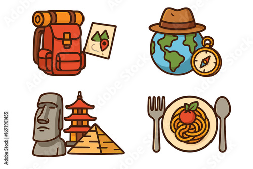 Travel icon set for adventure, exploration. World tourism vector illustration with backpack, globe, famous landmarks, and food. Global journey & cultural tour concept.