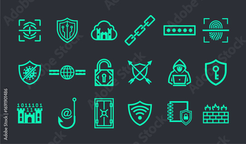 Cybersecurity Icons Network Security, Data Protection, and Digital Defense
