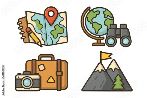Travel icon set for tourism and adventure. Vector concepts for planning, exploration, and vacation. Includes map, globe, camera, suitcase, and mountain hiking symbols.
