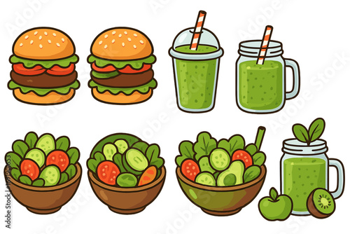Set of healthy and unhealthy food icons. Fresh salad, green smoothie, and fast food burger. Concept of diet choice, nutrition, and wellness. Cartoon vector illustration.