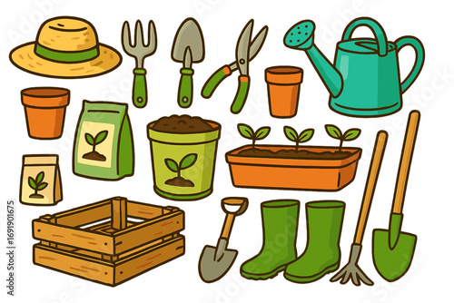 Gardening tools and equipment vector icon set. Cute cartoon illustration for planting in spring. Home garden hobby concept with shovel, rake, watering can, and seedlings.