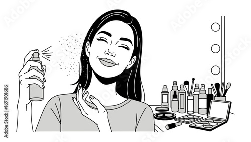 Young woman with closed eyes happily applying facial mist spray from a bottle to her face with makeup on a vanity table