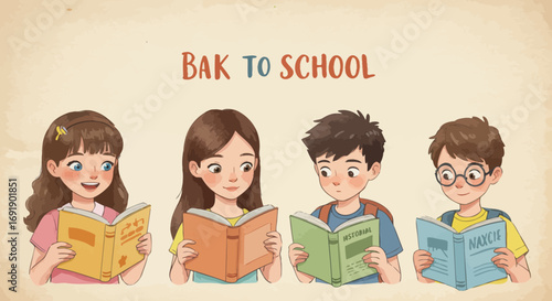 Cheerful children with books illustration for educational purposes and learning concept
