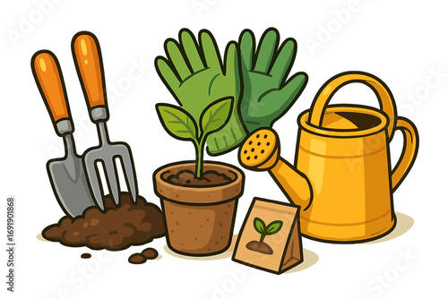 Gardening tools set for planting seedlings. Springtime hobby equipment collection. Vector cartoon illustration with watering can, gloves, trowel, seeds, and plant sprout.