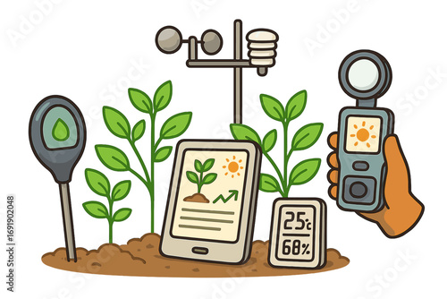 Smart farming and agriculture technology concept. Plant growth monitoring with sensors for environment data, soil moisture, light, and humidity in a greenhouse. Vector set.